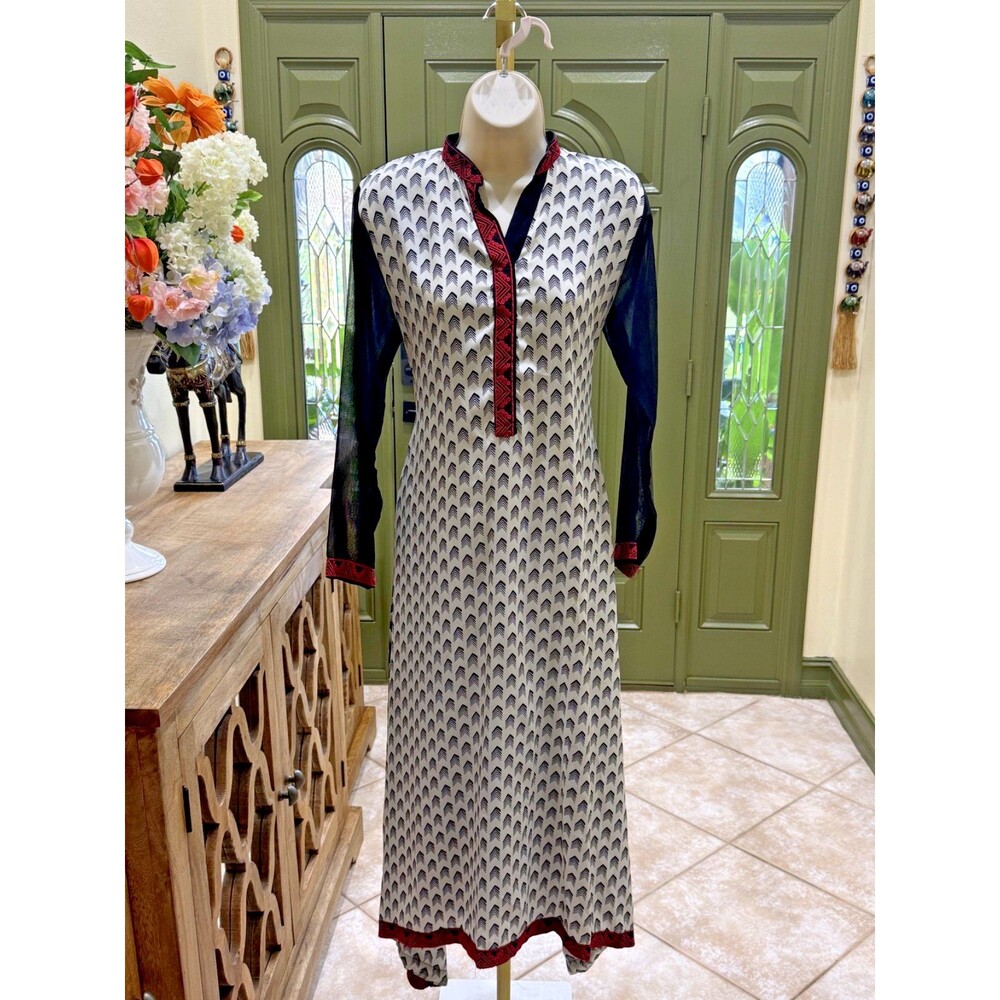 Indian black white printed kurti red embroidered detailing size M